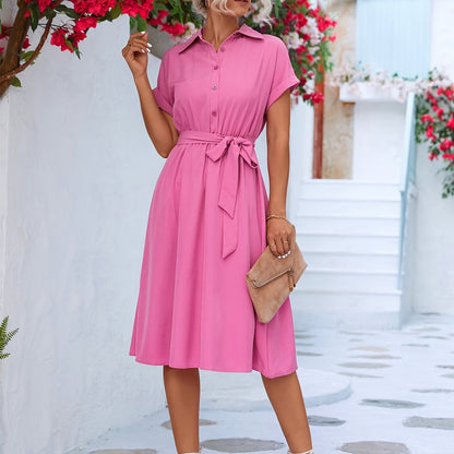 gbolsos  Solid Belted Shirt Dress, Short Sleeve Casual Dress For Summer & Spring, Women's Clothing