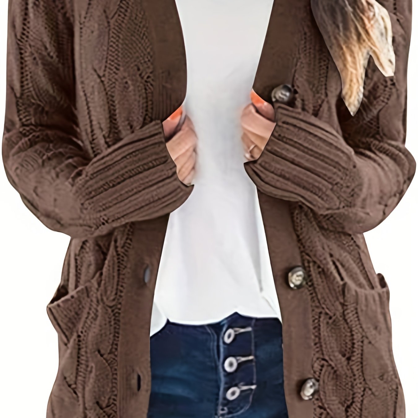 Cable Knit Button Front Cardigan, Casual Solid Long Sleeve Cardigan For Fall & Winter, Women's Clothing