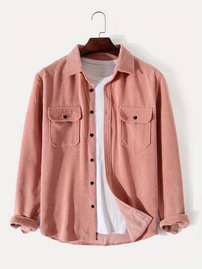 gbolsos  Men's Retro Corduroy Shirt Top Turn-Down Collar Long Sleeve Closure Regular Fit Solid Male Casual Shirt For Daily