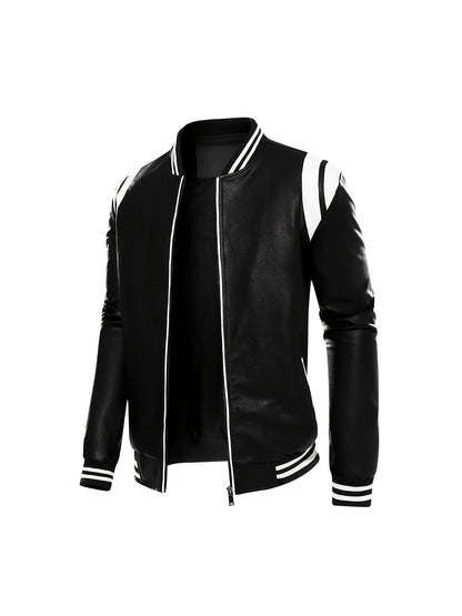 gbolsos  Chic Color Block PU Jacket, Men's Casual Baseball Collar Faux Leather Biker Jacket