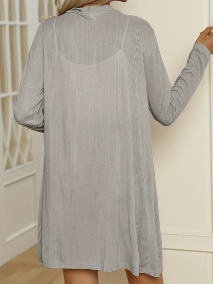 gbolsos  Plus Size Casual Cardigan, Women's Plus Solid Button Up Long Sleeve Slight Stretch Long Cardigan