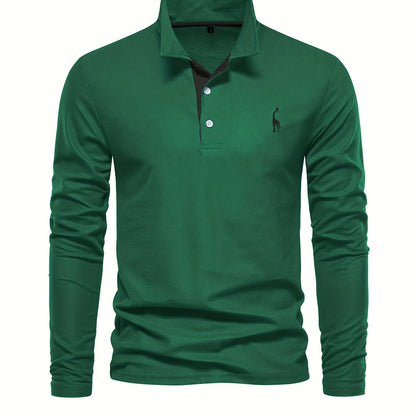 gbolsos  Men's Solid Giraffe Embroidery Long Sleeve Tennis Shirts, Slight Stretch All-match Fashion Men's Top