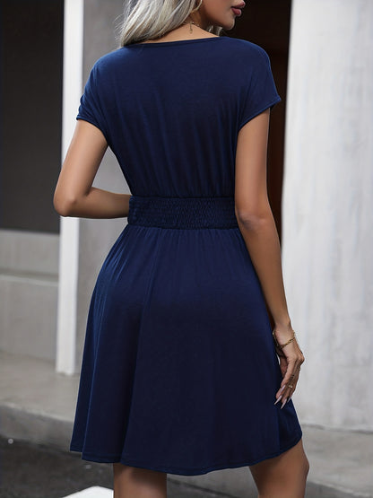 gbolsos  Surplice Neck Cap Sleeve Dress, Casual Shirred Waist Solid Dress, Women's Clothing