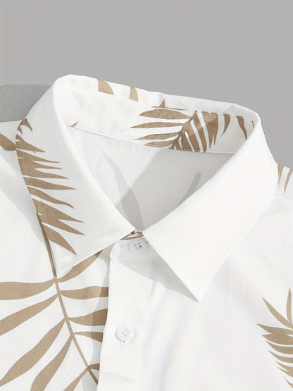 gbolsos  Men's Two-piece Outfits, Leaf Print Button Up Shirt And Drawstring Plain Shorts, Casual Loose Clothing For Summer