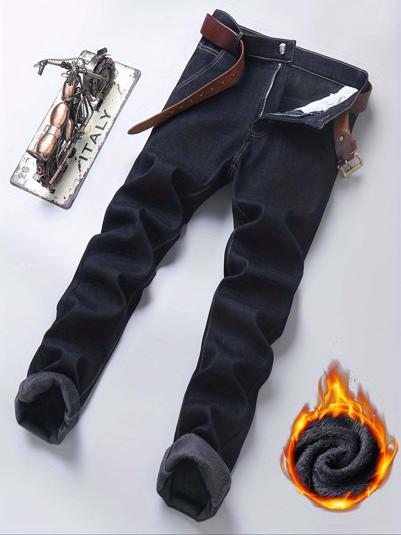 gbolsos  Warm Fleece Straight Leg Jeans For Business, Men's Casual Stretch Thick Denim Pants For Fall Winter