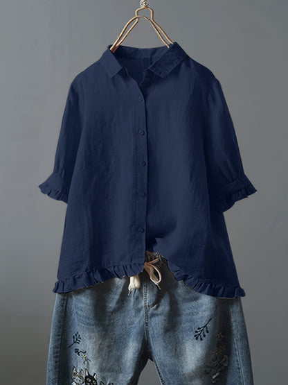 Solid Ruffle Trim 3/4 Sleeve T-Shirt, Casual All-Seasons Tops, Women's Clothing
