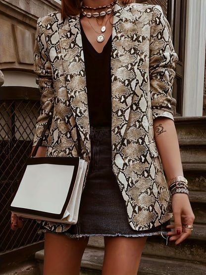 Plus Size Casual Blazer, Women's Plus Snake Pattern Lapel Collar Open Front Long Sleeve Slim Fit Blazer