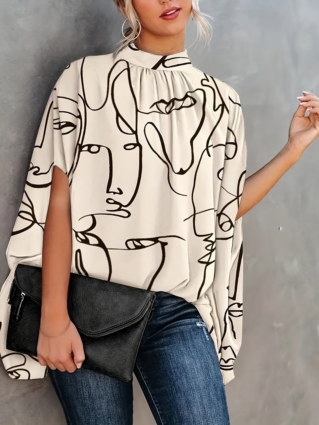 gbolsos  Plus Size Elegant Blouse, Women's Plus Letter Print Bat Sleeve Mock Neck Slight Stretch Blouse