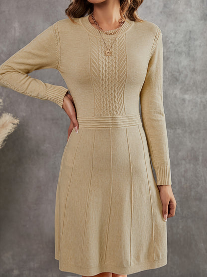 Textured Tucked Knitted Dress, Casual Crew Neck Long Sleeve Dress For Fall & Winter, Women's Clothing
