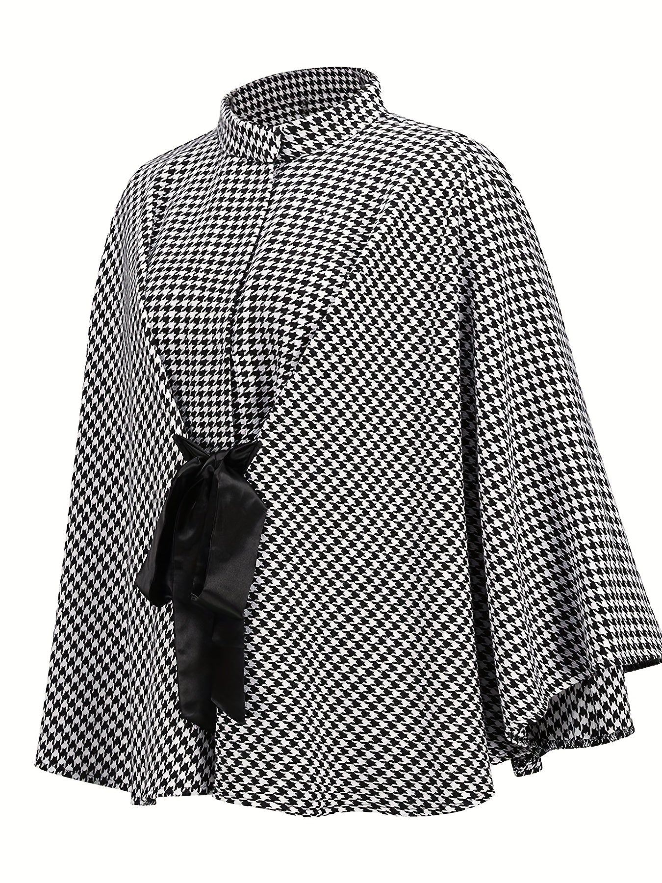 gbolsos  Houndstooth Print Cape Top, Casual Tie Front Loose Outerwear, Women's Clothing