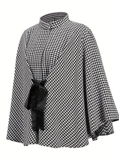gbolsos  Houndstooth Print Cape Top, Casual Tie Front Loose Outerwear, Women's Clothing
