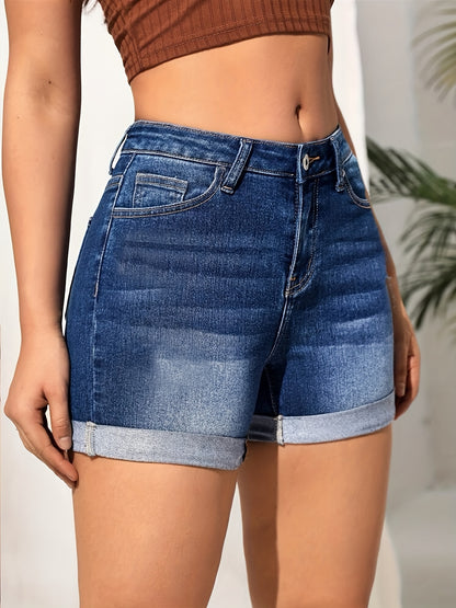 gbolsosRoll Up Hem Whiskering Stretchy Denim Shorts, Water Ripple Embossed Crotch Cuffed Denim Pants, Women's Denim Jeans & Clothing
