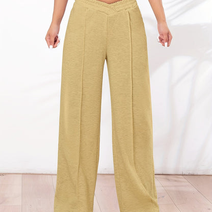 Solid Straight Leg Pants, Casual Asymmetrical Elastic Waist Pants For Spring & Fall, Women's Clothing