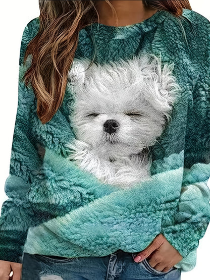 gbolsos  Dog Print Pullover Sweatshirt, Casual Long Sleeve Crew Neck Sweatshirt For Fall & Winter, Women's Clothing