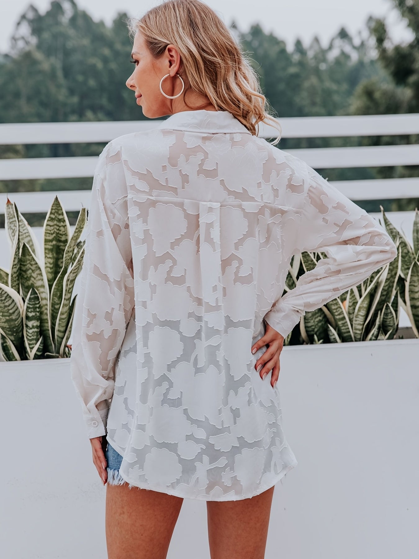 Chiffon Jacquard V-neck Lapel Blouses, Casual Loose Button Down Long Sleeve Fashion Shirts Tops, Women's Clothing