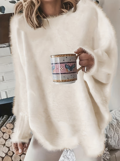 gbolsos   Plus Size Casual Sweater, Women's Plus Solid Fluffy Round Neck Long Sleeve Sweater