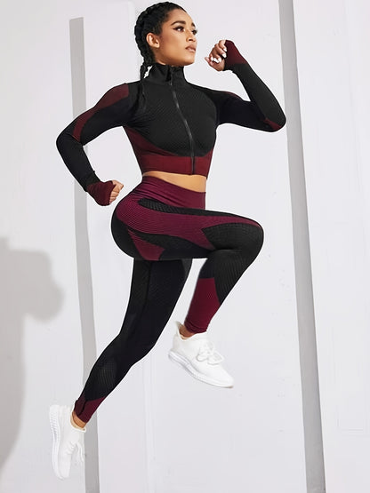 gbolsos  2pcs Seamless Knitting Suits, Full Zipper Long Sleeve Thumb Hole Cropped Top & Slimming High Waist Leggings Set, Women's Activewear