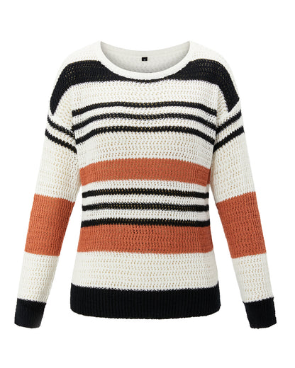 gbolsos  Striped Crew Neck Sweater, Casual Drop Shoulder Long Sleeve Loose Fall Winter Knit Sweater, Women's Clothing