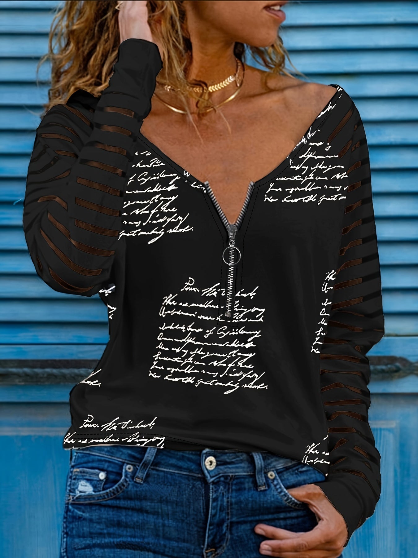 gbolsos Letter Print Zipper T-shirt, Casual V Neck Long Sleeve T-shirt For Spring & Fall, Women's Clothing