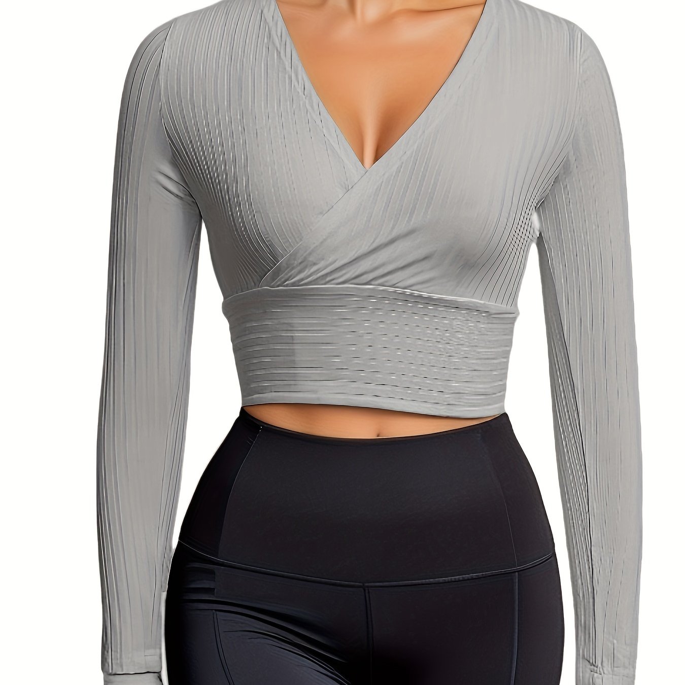 gbolsos  Ribbed Solid Deep V Neck Long Sleeve Cross Wrap Crop Tops , Women's Clothings