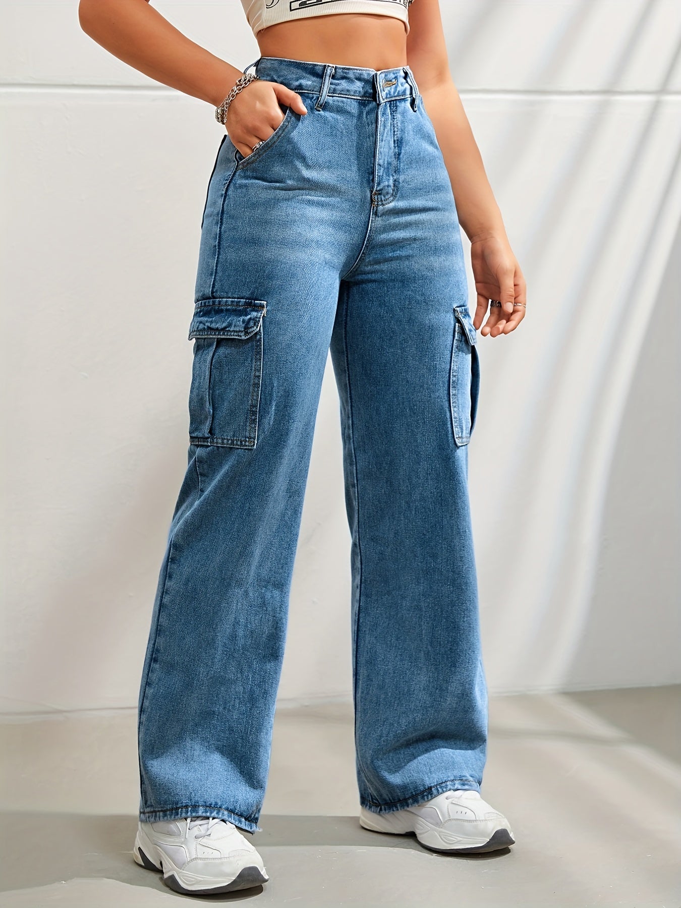 gbolsos Side Flap Pocket High Waist Denim Cargo Pants, Light Washed Casual Slash Pocket Cargo Jeans, Kpop Y2K, Women's Denim Jeans & Clothing