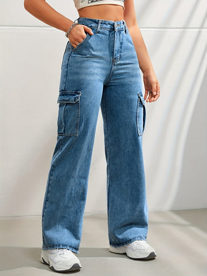 gbolsos Side Flap Pocket High Waist Denim Cargo Pants, Light Washed Casual Slash Pocket Cargo Jeans, Kpop Y2K, Women's Denim Jeans & Clothing