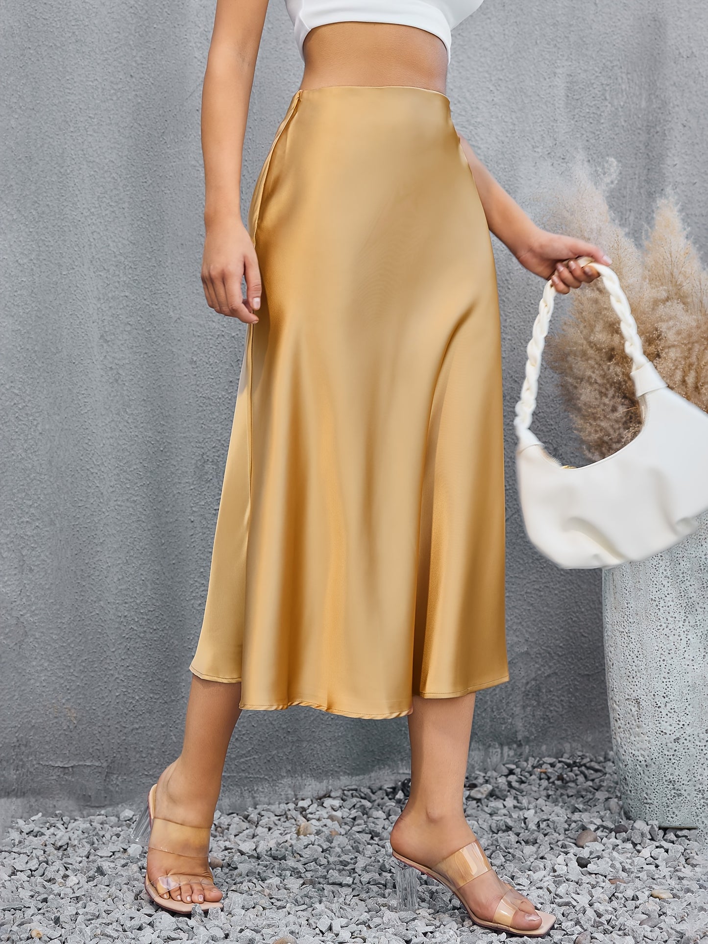 Satin Mid Length Skirts, Elegant Solid High Waist Party Skirts, Women's Clothing
