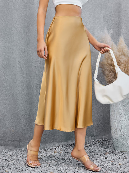 Satin Mid Length Skirts, Elegant Solid High Waist Party Skirts, Women's Clothing