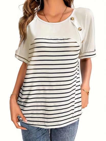 gbolsos  Stripe Print Button Decor T-shirt, Casual Crew Neck Short Sleeve T-shirt For Spring & Summer, Women's Clothing