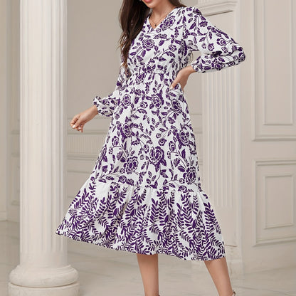 gbolsos  Floral & Leaves Print V-neck Dress, Elegant Elastic Waist Long Sleeve Dress For Spring & Fall, Women's Clothing