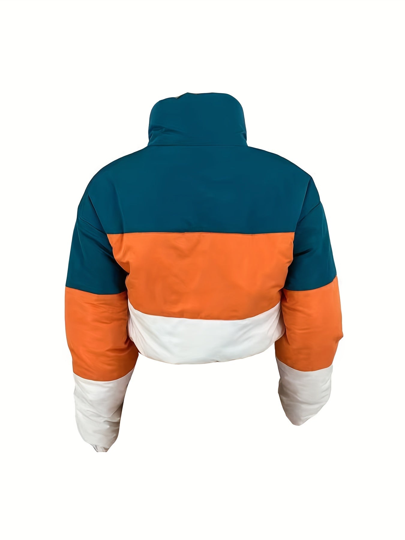 gbolsos  Color Block Zip Front Puffy Jacket, Casual Long Sleeve Warm Crop Coat For Winter, Women's Clothing
