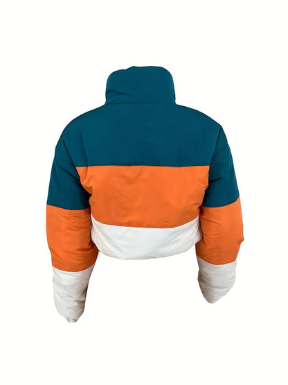 gbolsos  Color Block Zip Front Puffy Jacket, Casual Long Sleeve Warm Crop Coat For Winter, Women's Clothing