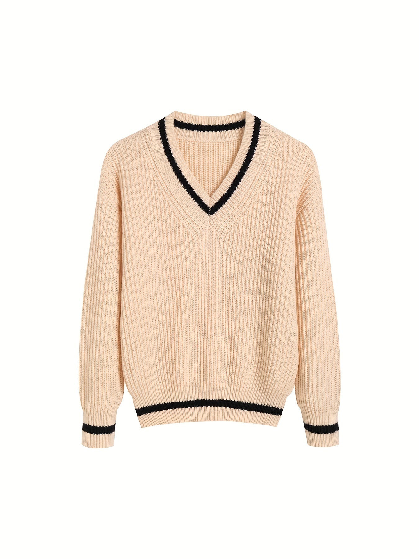 Striped Print Knit Sweater, Casual V Neck Long Sleeve Sweater, Women's Clothing