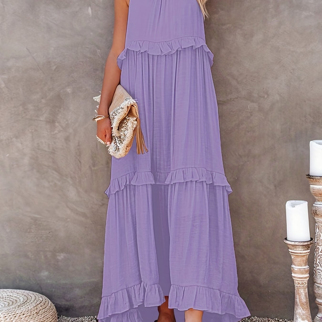 gbolsos  Tiered Ankle Tank Dress, Casual Backless Halter Neck Dress For Summer, Women's Clothing