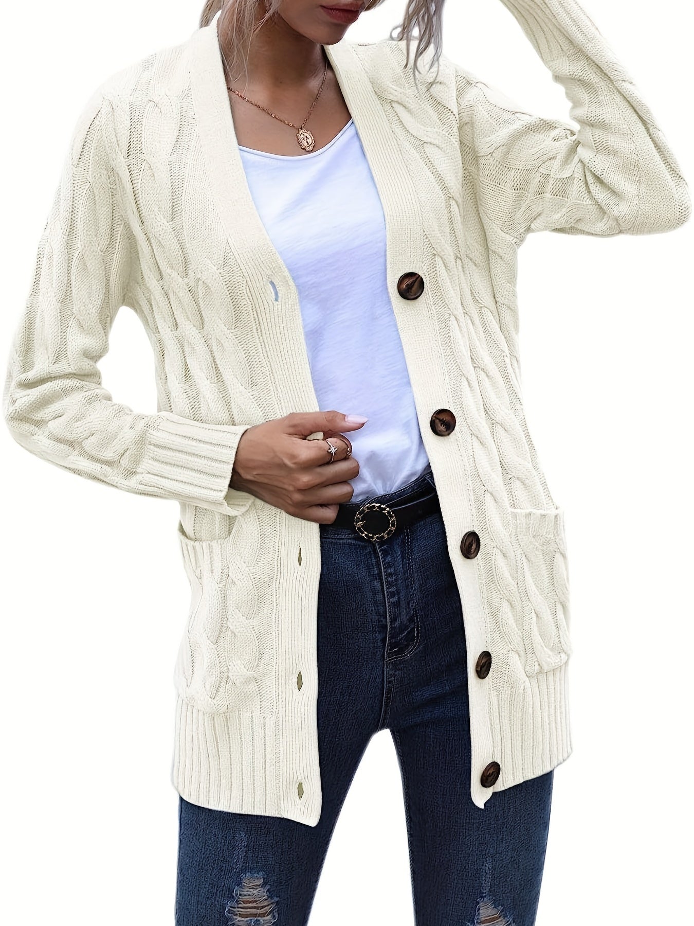 Cable Knit Button Front Cardigan, Casual Solid Long Sleeve Cardigan For Fall & Winter, Women's Clothing