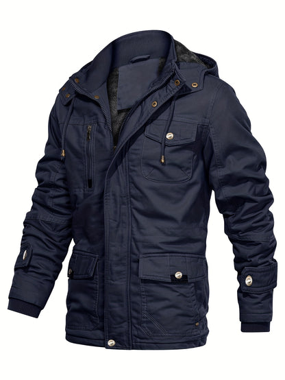 gbolsos  Men's Winter Cargo Jackets Casual Thicken Multi-Pocket Outwear Fleece Lined Military Warm Coat Removable Hood