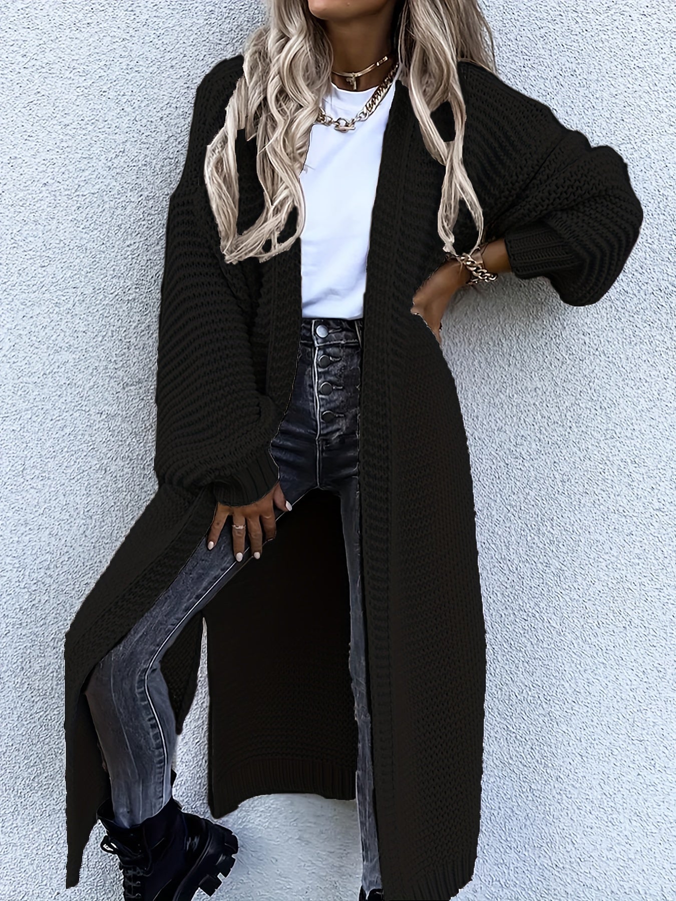 Solid Open Front Side Split Cardigan, Casual Long Sleeve Cardigan For Spring & Fall, Women's Clothing