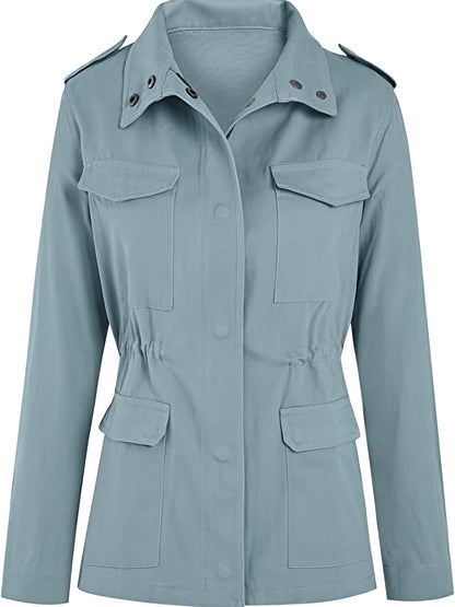 gbolsos  Solid Stand Collar Long Sleeve Pockets Jacket, Winter Warm Zipper Button Casual Outerwear, Women's Clothing