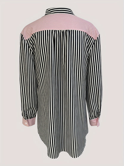 gbolsos  Colorblock Striped Polo Collar Button Shirt, Casual Pocket Long Sleeve Shirt For Spring & Fall, Women's Clothing