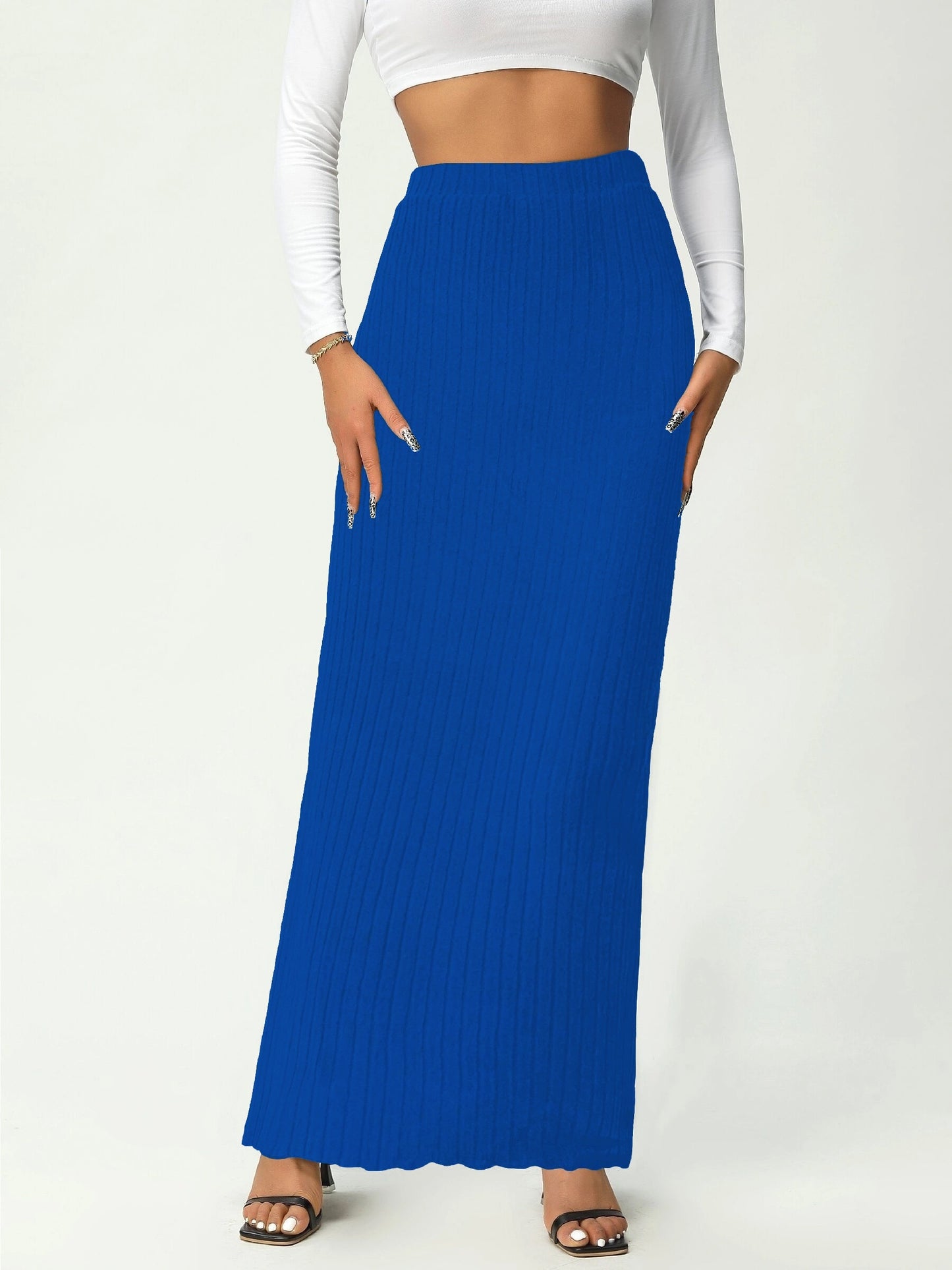 Solid Scallop Trim High Waist Skirt, Elegant Long Length Skirt For Spring & Fall, Women's Clothing