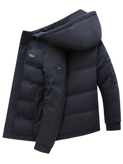 gbolsos  Men's Classic Design Padded Hooded Jacket, Men Casual Padded Coat Windbreaker Zipper Pocket Stand Collar For Men Winter