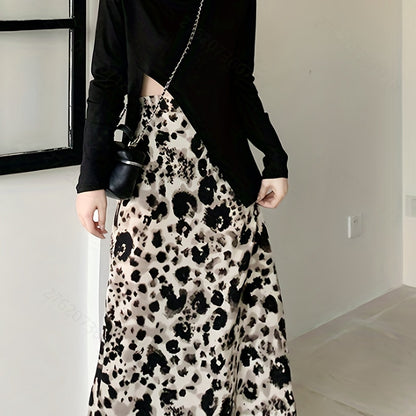 gbolsos  Leopard Print Split Mid Skirt, Casual High Waist Skirt For Spring & Summer, Women's Clothing
