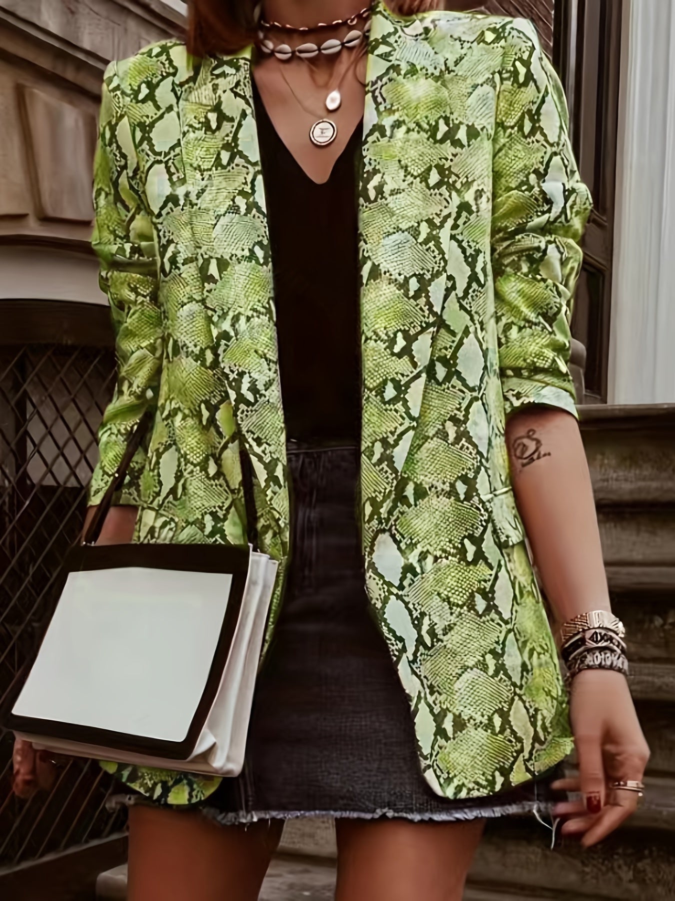 Plus Size Casual Blazer, Women's Plus Snake Pattern Lapel Collar Open Front Long Sleeve Slim Fit Blazer