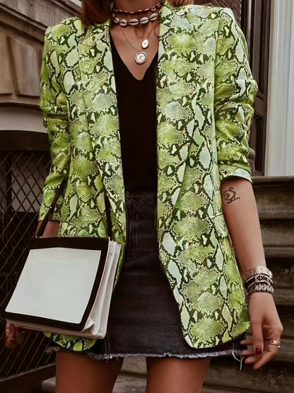 Plus Size Casual Blazer, Women's Plus Snake Pattern Lapel Collar Open Front Long Sleeve Slim Fit Blazer