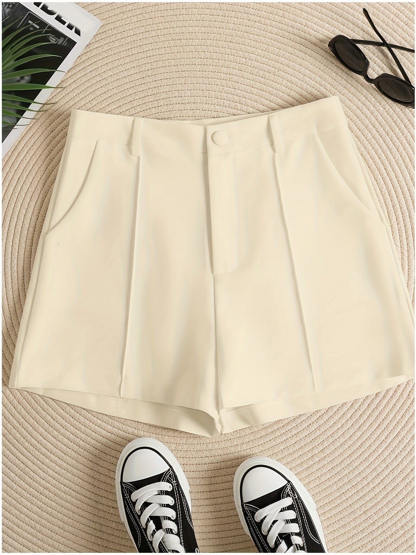 gbolsos  Solid Color High Waist Shorts,  Casual Zipper Front Shorts For Spring & Summer, Women's Clothing