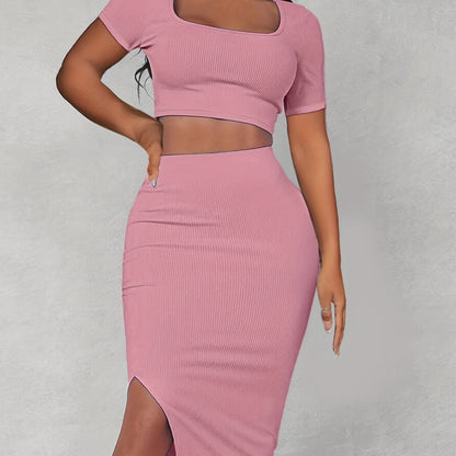 gbolsos  Sexy Matching Two-piece Skirt Set, Square Neck Crop Top & Split Bodycon Skirt Outfits, Women's Clothing