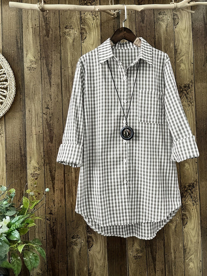 Gingham Print Shirt, Casual Button Front Long Sleeve Hem Acr Shirt With A Collar, Women's Clothing