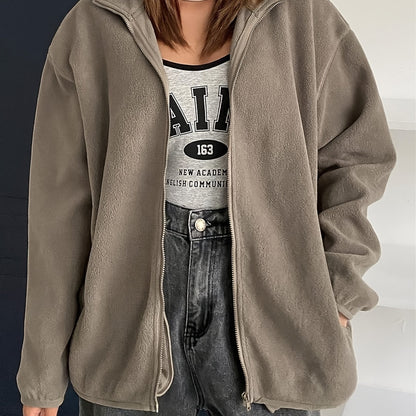 gbolsos  Zip Up Simple Jacket, Casual Solid Long Sleeve Outerwear, Women's Clothing