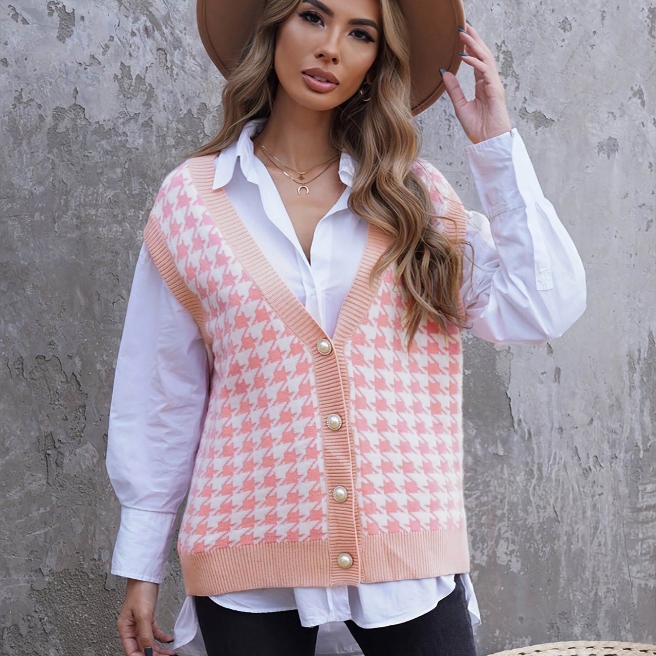 2025 gbolsos  Houndstooth Sweater Vests, Casual Loose V-Neck Sleeveless Fall Winter Knit Sweater Vest, Women's Clothing