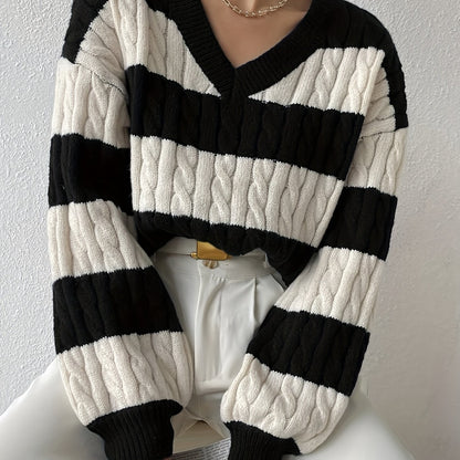 gbolsos  Color Block Drop Shoulder Sweater, Casual Long Sleeve Sweater For Fall & Winter, Women's Clothing